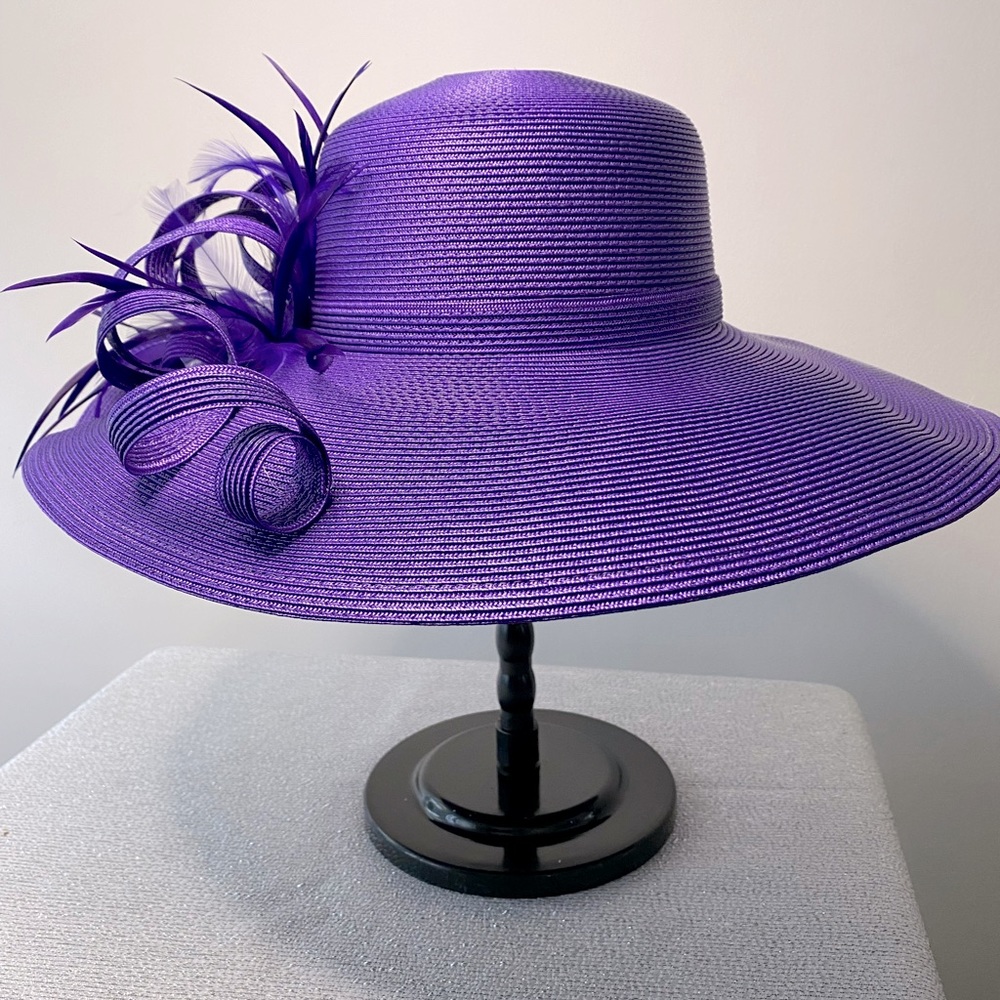 Statement Purple Wide-Brim Formal Hat with Feather Detail